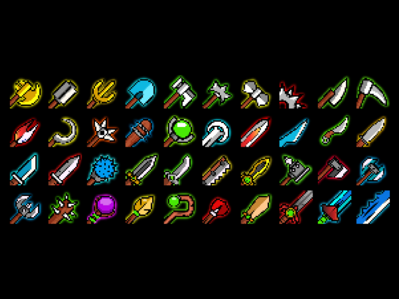 100 Pixel RPG weapon icons 