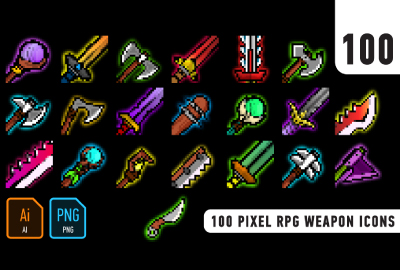 100 Pixel RPG weapon icons 