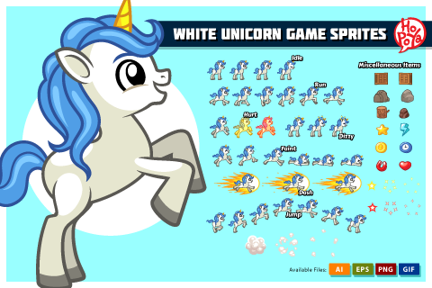 White Unicorn Game Sprites 