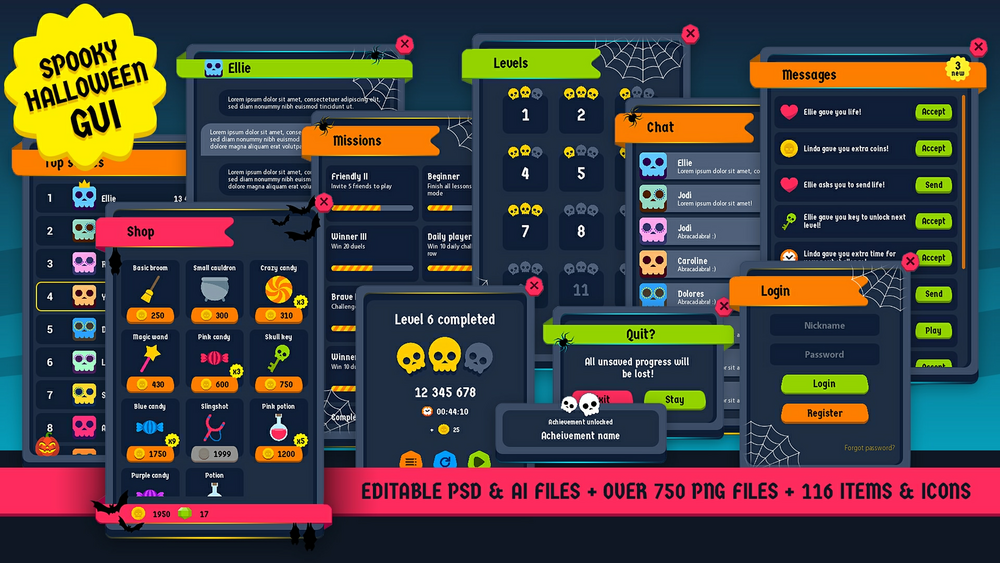 Halloween GUI, Spooky UI Kit + editable PSD/AI source files 