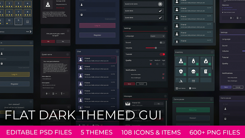 Flat Dark GUI / UI Kit - 5 color themes! 