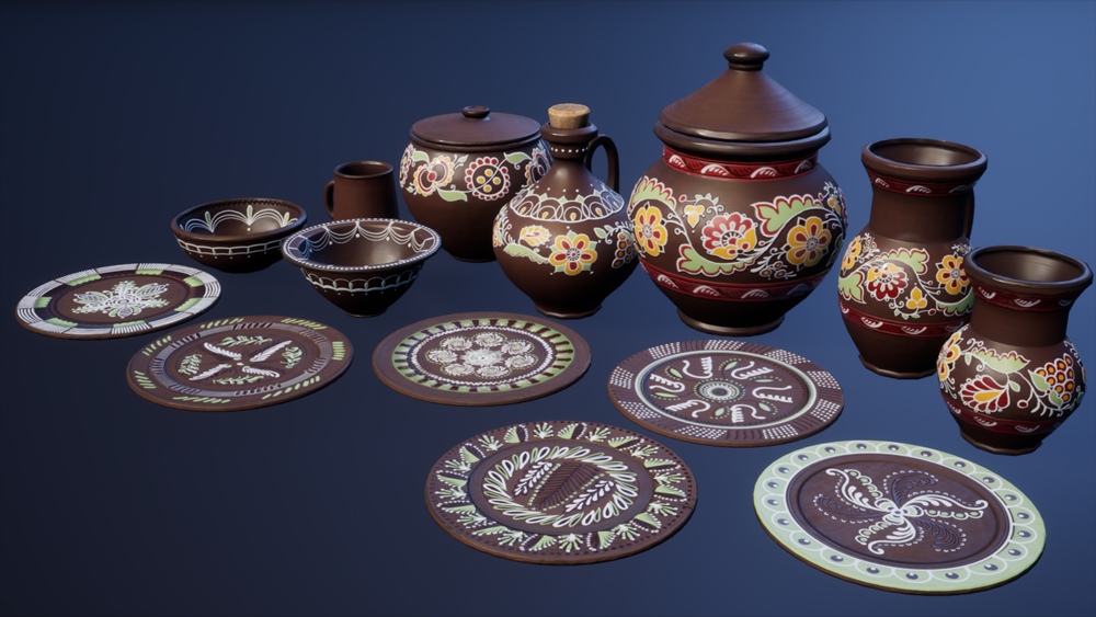 Ornamented ceramic pottery - pots and plates 