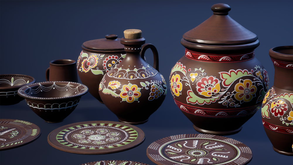 Ornamented ceramic pottery - pots and plates 