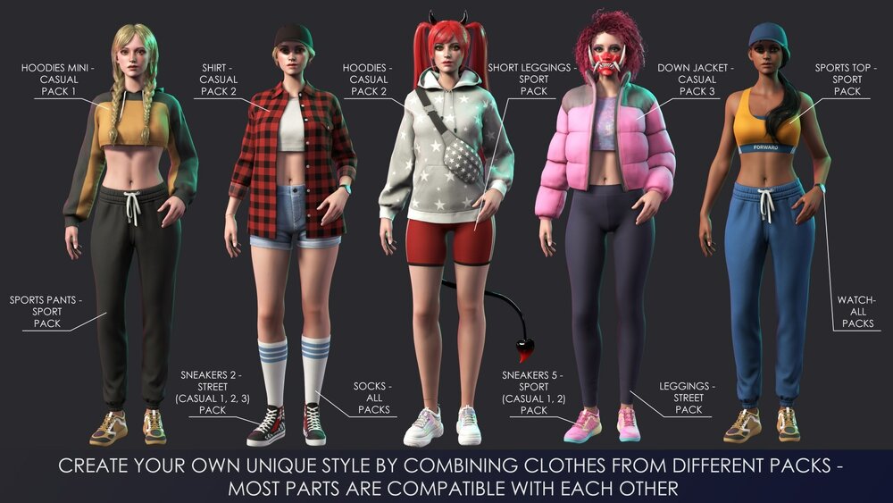 Casual Wear Girls Pack 1 - Streetwear Modern Realistic Stylized Character 