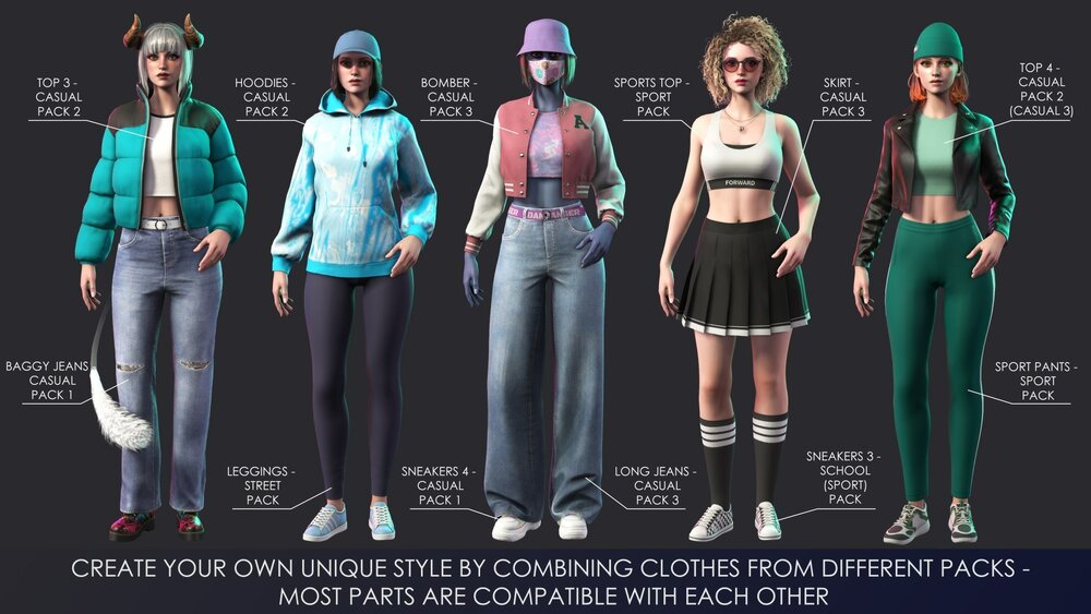 Casual Wear Girls Pack 1 - Streetwear Modern Realistic Stylized Character 