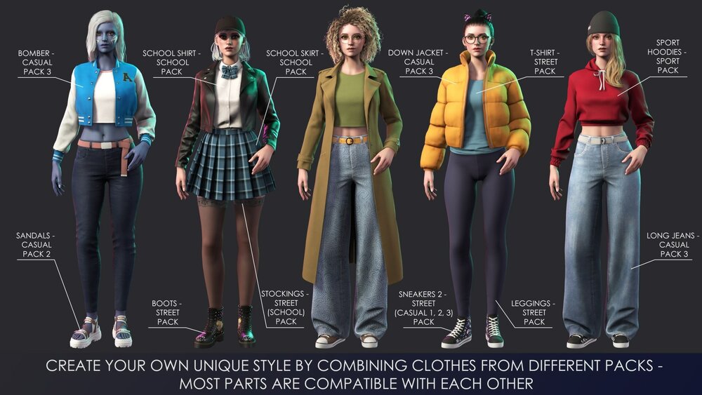 Casual Wear Girls Pack 1 - Streetwear Modern Realistic Stylized Character 