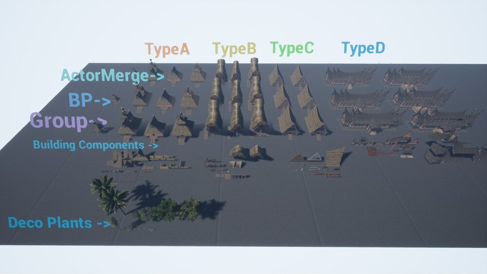 Props for making houses in Southeast Asia, tropical areas (4 types) 