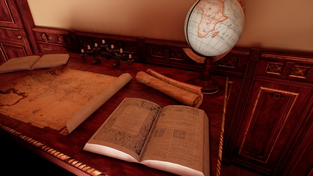 Victorian study room / library interior 