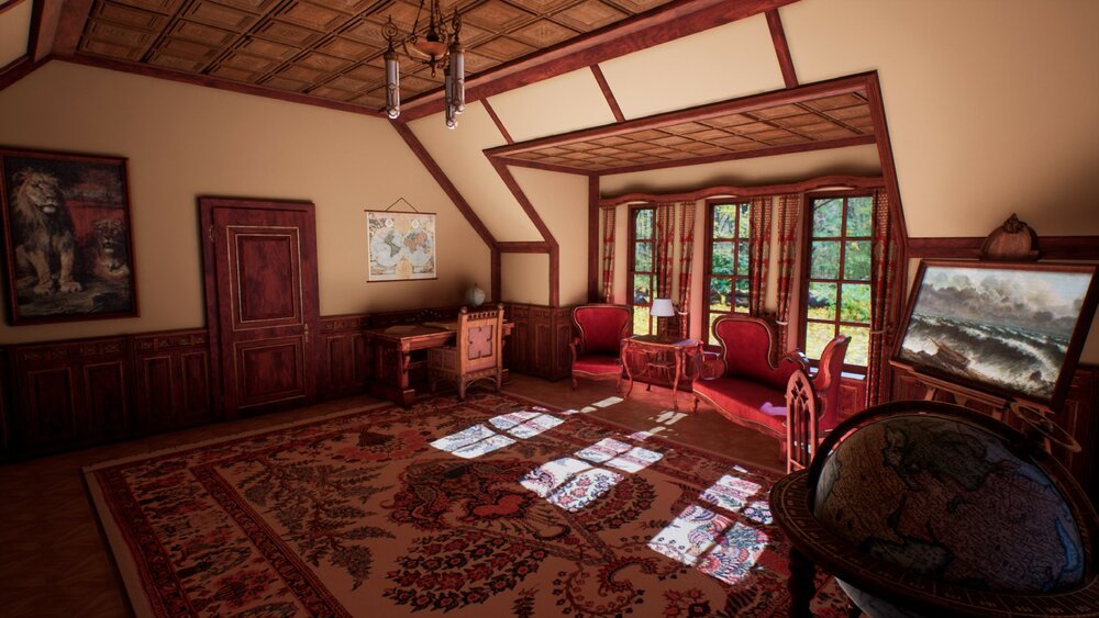 Victorian study room / library interior 