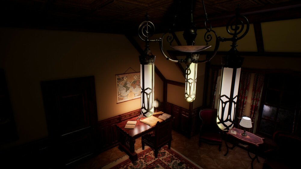 Victorian study room / library interior 