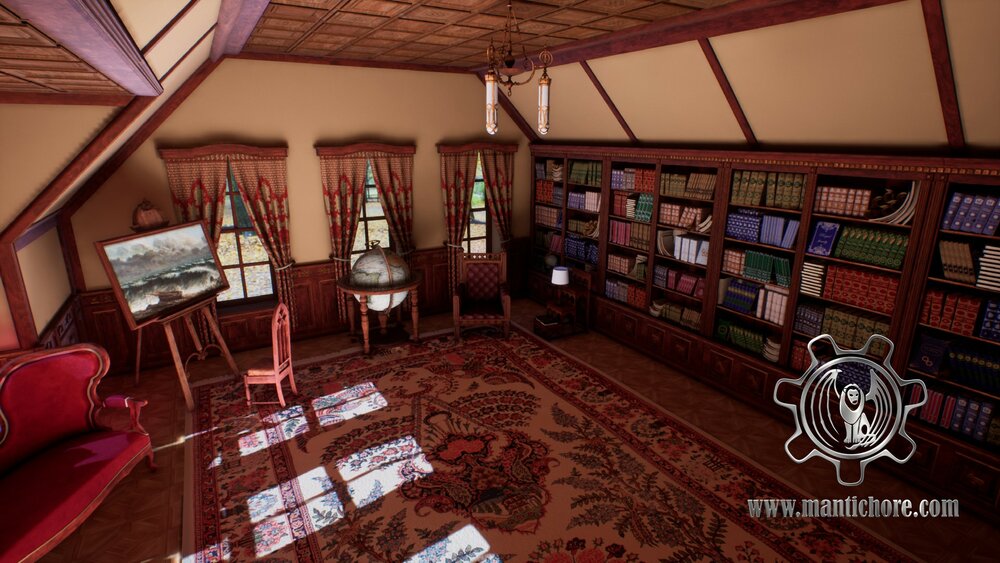 Victorian study room / library interior 