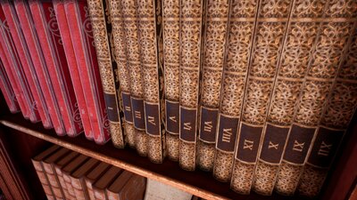 Victorian study room / library interior 