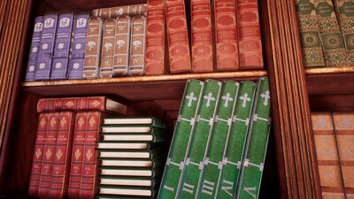 Victorian study room / library interior 