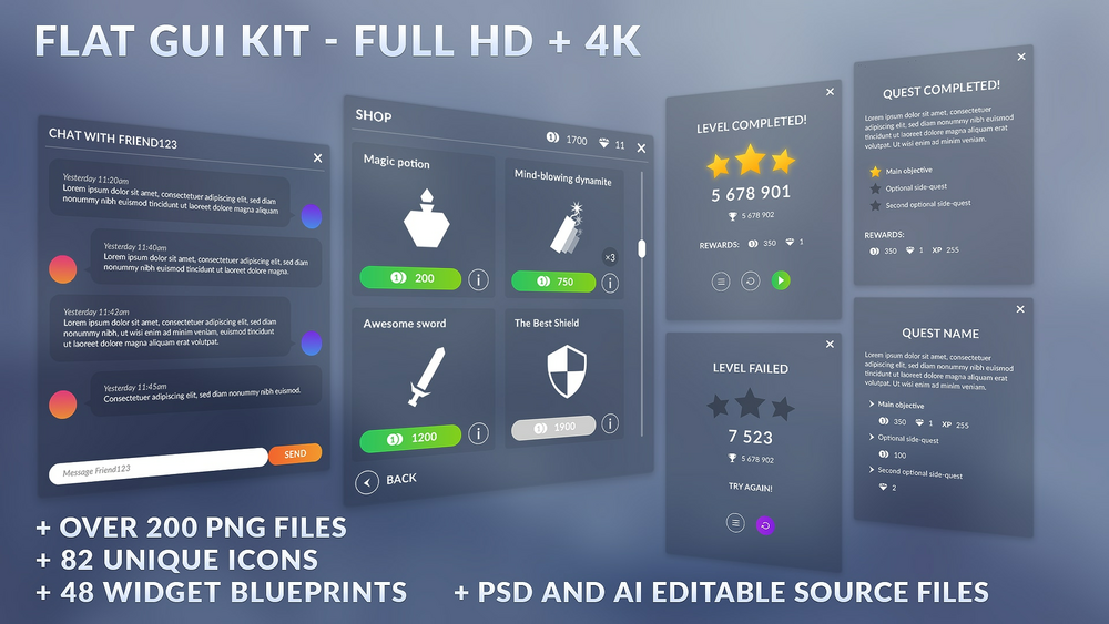 UNIVERSAL FLAT GUI/UI KIT, 48 WIDGETS, 82 ICONS, FOR HD/4K SCREENS, PSD SOURCES 