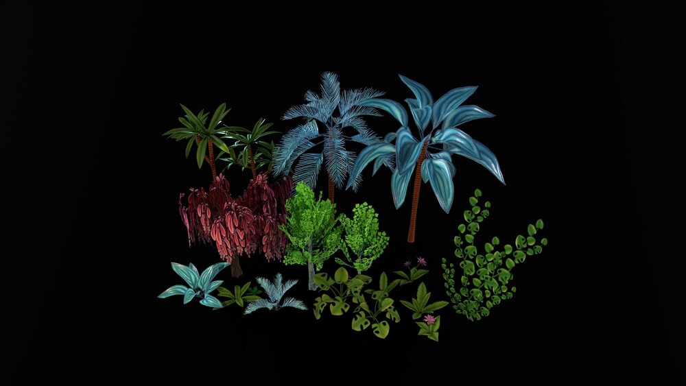 Stylized Fantasy Trees and Plants: ivy, palm, willow, tropical jungle foliage 