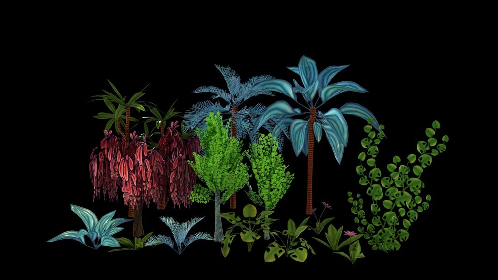 Stylized Fantasy Trees and Plants: ivy, palm, willow, tropical jungle foliage 