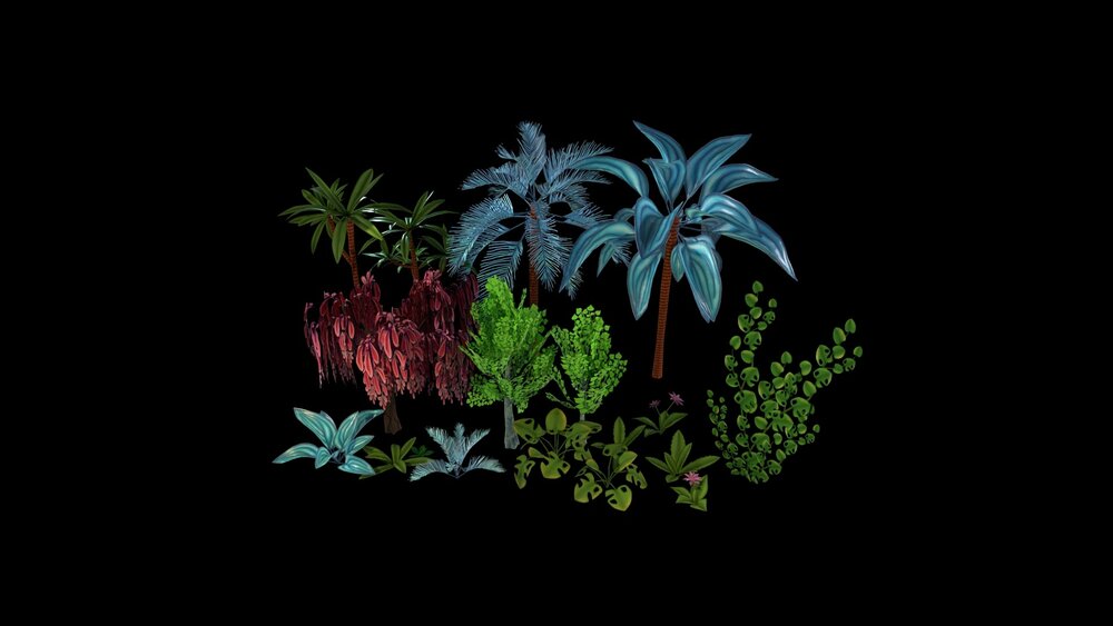 Stylized Fantasy Trees and Plants: ivy, palm, willow, tropical jungle foliage 