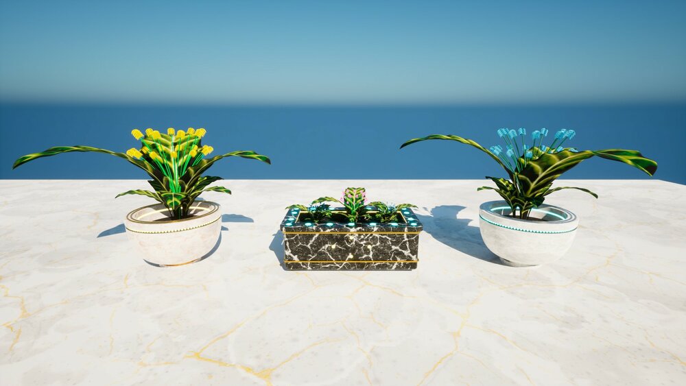 Outdoor elements. Concrete and marble flower pots. 