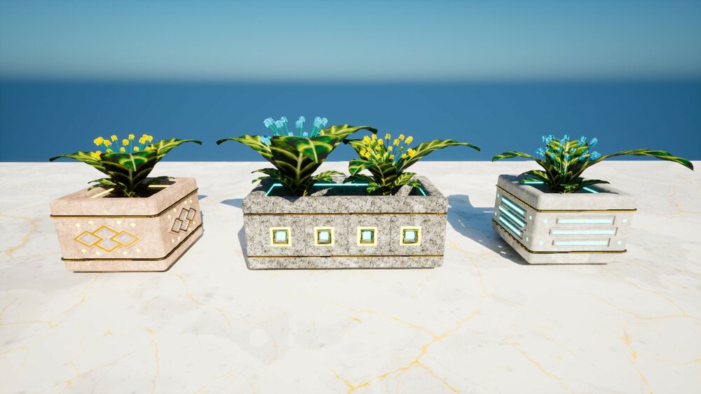 Outdoor elements. Concrete and marble flower pots. 