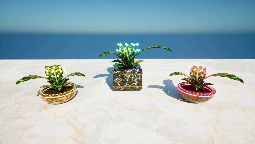 Outdoor elements. Concrete and marble flower pots. 