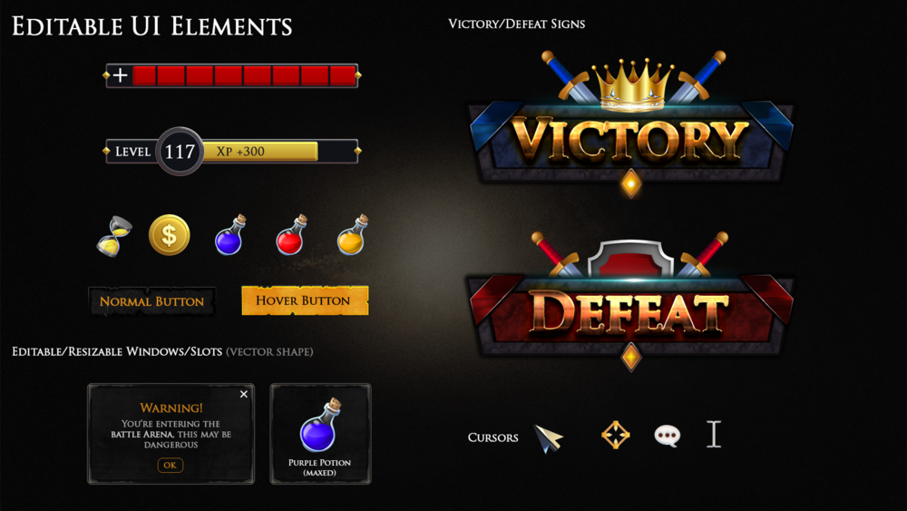 MMORPG Editable UI Elements Medieval Style + PSD Vectors 