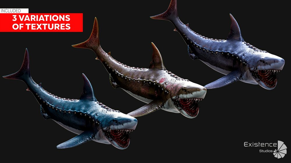 Megalodon Shark Model. Game-Ready LowPoly Animated Ocean Predator. Low poly fish 