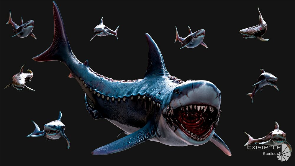 Megalodon Shark Model. Game-Ready LowPoly Animated Ocean Predator. Low poly fish 