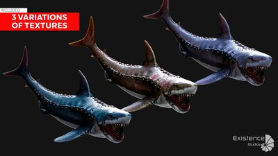 Megalodon Shark Model. Game-Ready LowPoly Animated Ocean Predator. Low poly fish 