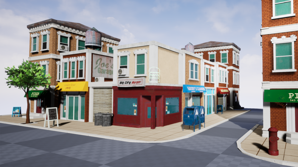 Stylized Modern Western City Street Environment Props and Buildings Pack 