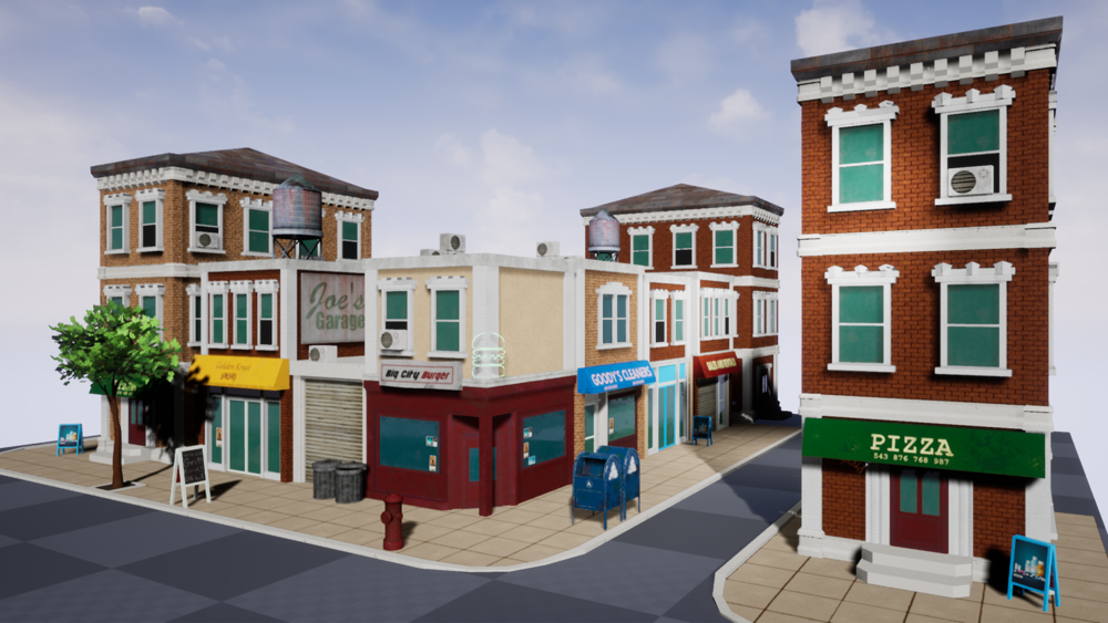 Stylized Modern Western City Street Environment Props and Buildings Pack 