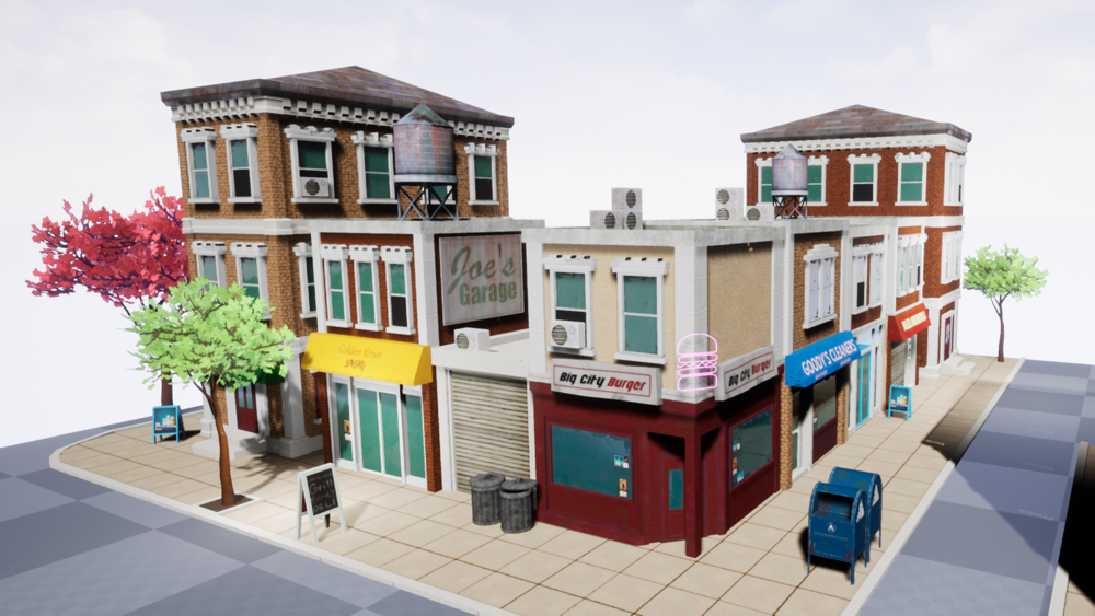 Stylized Modern Western City Street Environment Props and Buildings Pack 