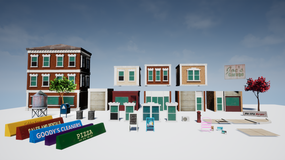 Stylized Modern Western City Street Environment Props and Buildings Pack 