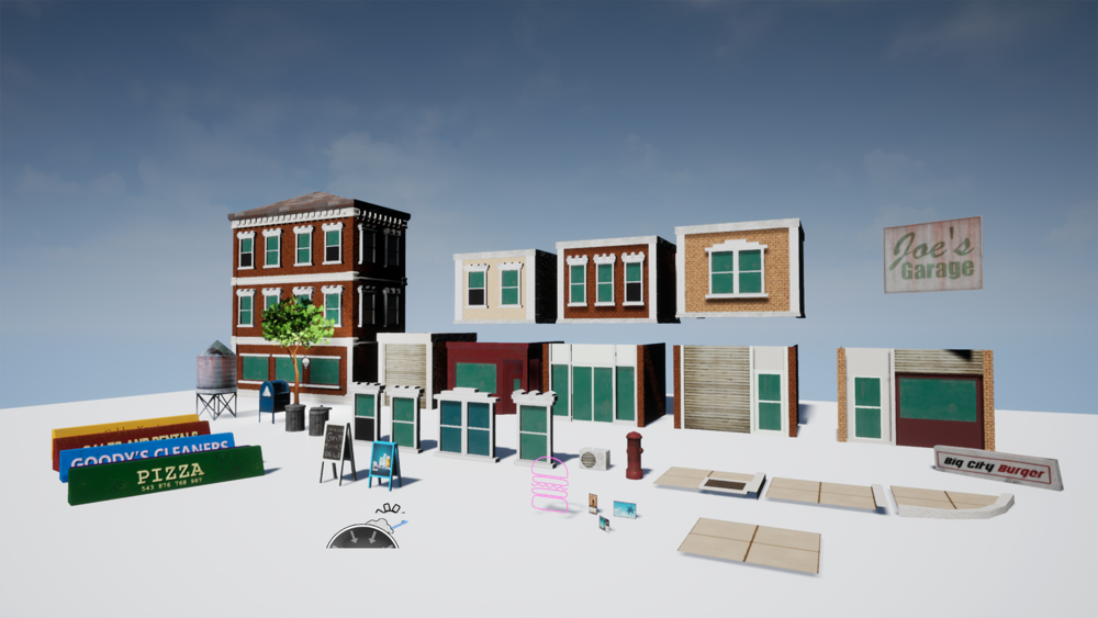 Stylized Modern Western City Street Environment Props and Buildings Pack 