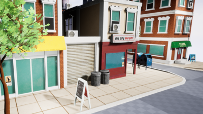 Stylized Modern Western City Street Environment Props and Buildings Pack 