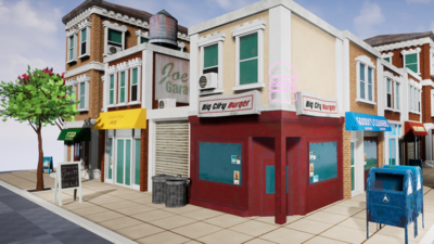 Stylized Modern Western City Street Environment Props and Buildings Pack 