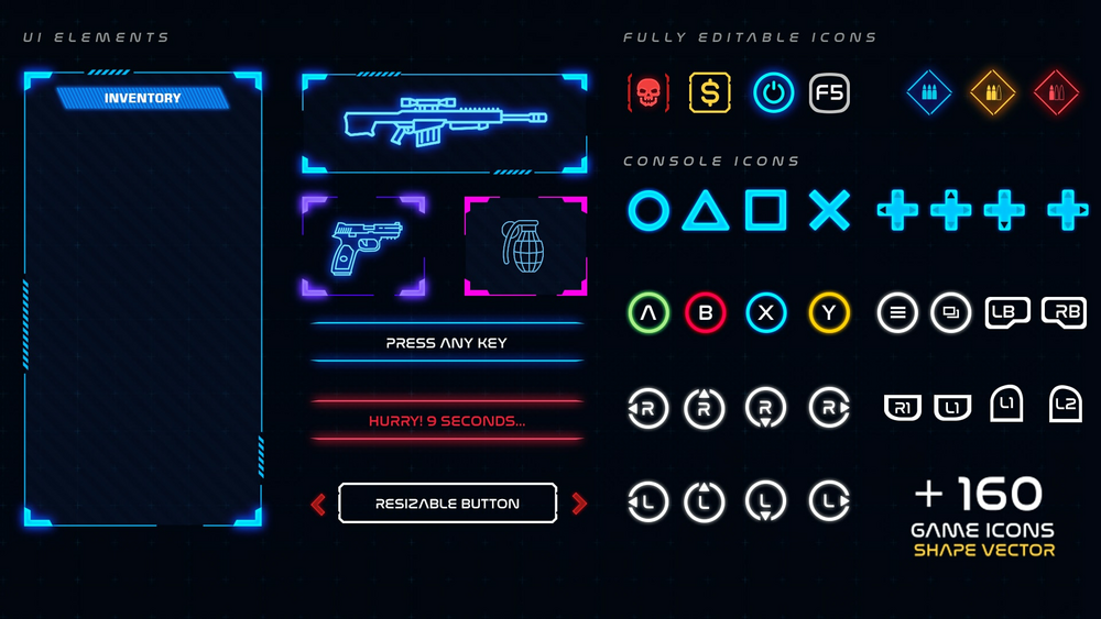 TECHNO SCI-FI CYBERPUNK FUTURISTIC UI ELEMENTS - EDITABLE PSD VECTOR 