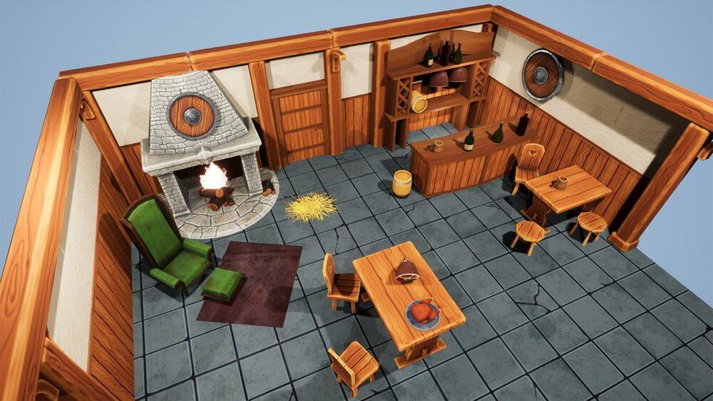 Stylized Tavern Fantasy Medieval Interior Hand-Painted Low Poly Props 