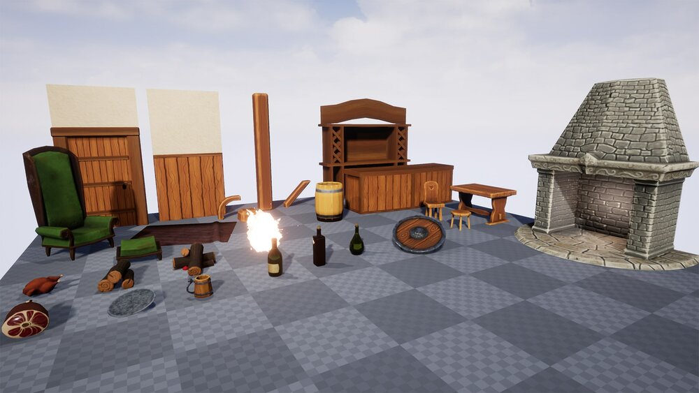 Stylized Tavern Fantasy Medieval Interior Hand-Painted Low Poly Props 