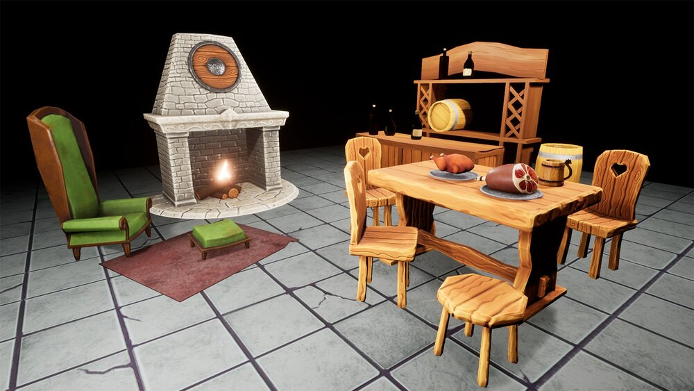 Stylized Tavern Fantasy Medieval Interior Hand-Painted Low Poly Props 