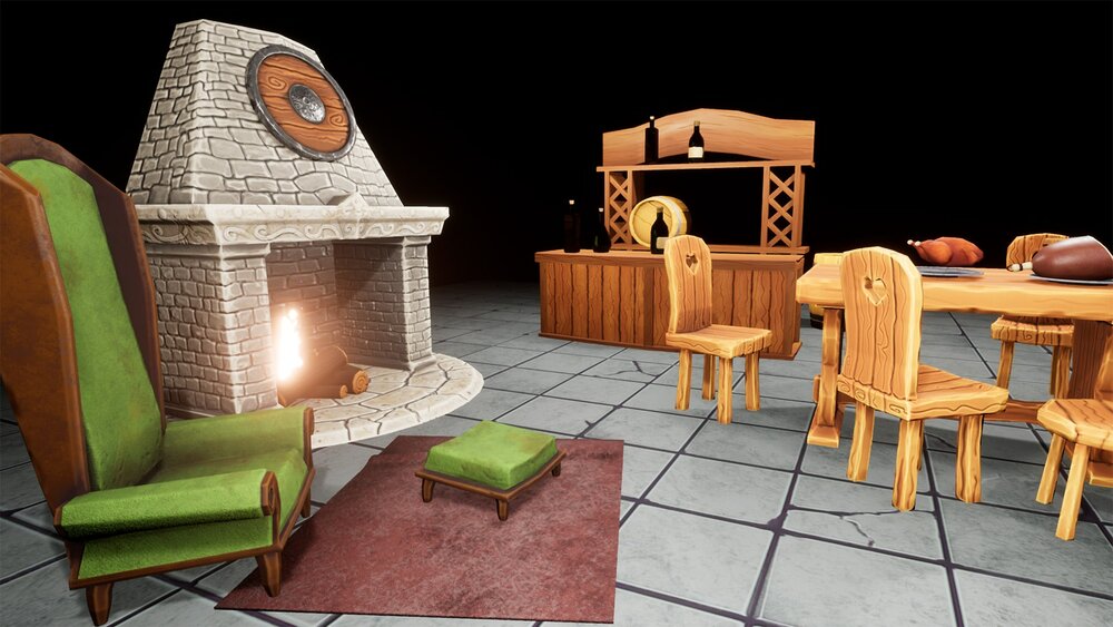 Stylized Tavern Fantasy Medieval Interior Hand-Painted Low Poly Props 