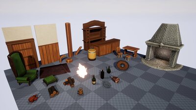 Stylized Tavern Fantasy Medieval Interior Hand-Painted Low Poly Props 