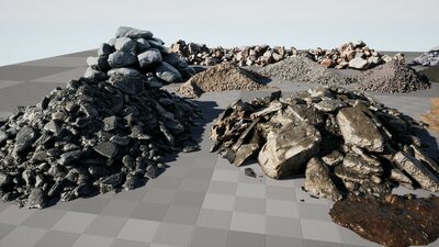 Piles of ruins, stones, soil 