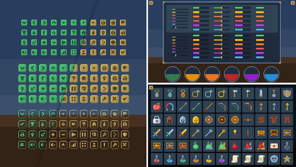 Pixel Art GUI / UI Kit - over 528 PNG + 132 unique icons + psd, ai sources 