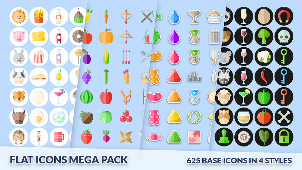 Icons Mega Pack, Flat 625 GUI icons in 4 styles, 10k PNG + PSD & AI 