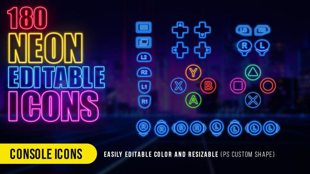 180 Neon Graphics - UI/Icons - Retro/Cyberpunk/Disco Style (Fully Editable PSD) 