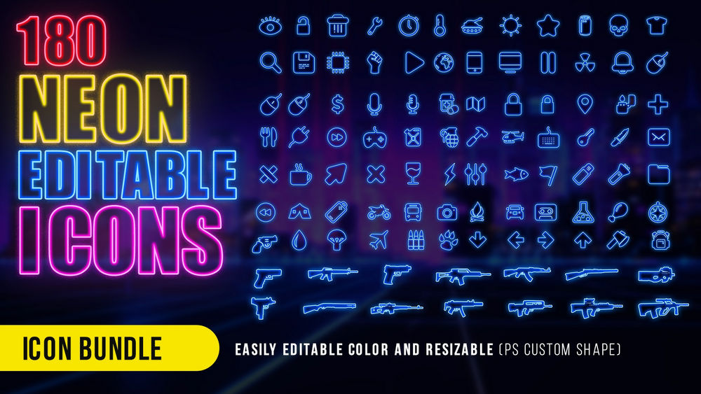 180 Neon Graphics - UI/Icons - Retro/Cyberpunk/Disco Style (Fully Editable PSD) 