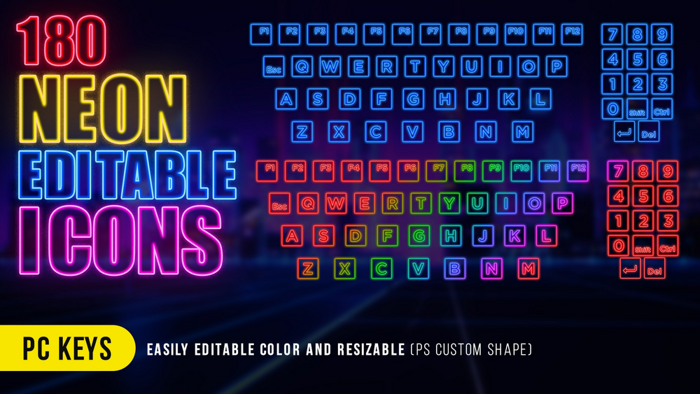 180 Neon Graphics - UI/Icons - Retro/Cyberpunk/Disco Style (Fully Editable PSD) 