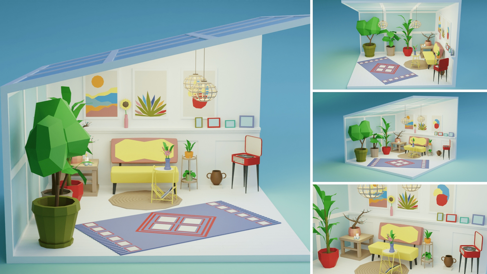 Low Poly Retro Vintage Rooms Interiors 2 