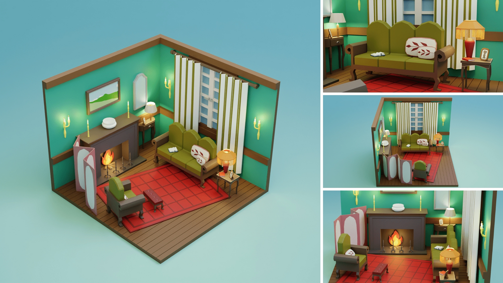 Low Poly Retro Vintage Rooms Interiors 2 