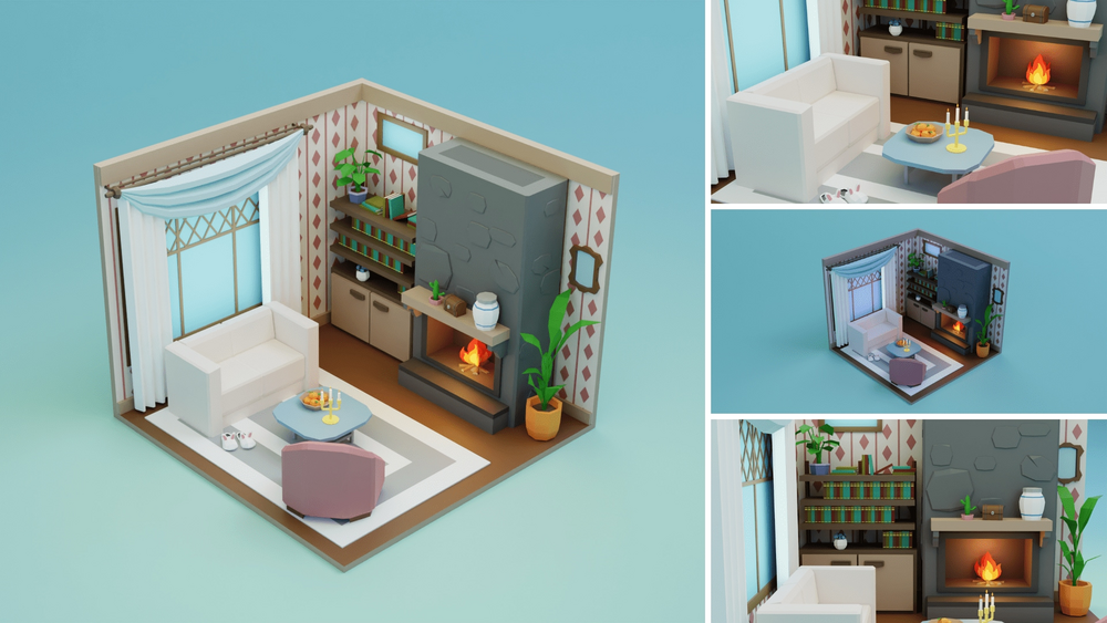 Low Poly Retro Vintage Rooms Interiors 2 